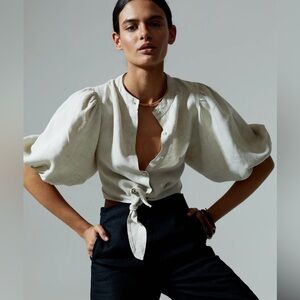 Lanhtropy Natural Bubble Linen‎ Crop Top Beige Tie Waist